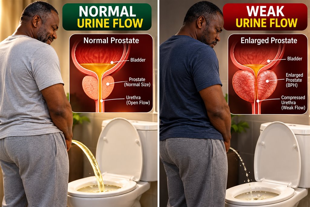 Normal vs Weak Urine Flow Medical Diagram